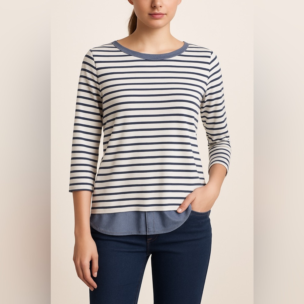 Caribbean Joe Navy and White Striped Long Sleeve Top